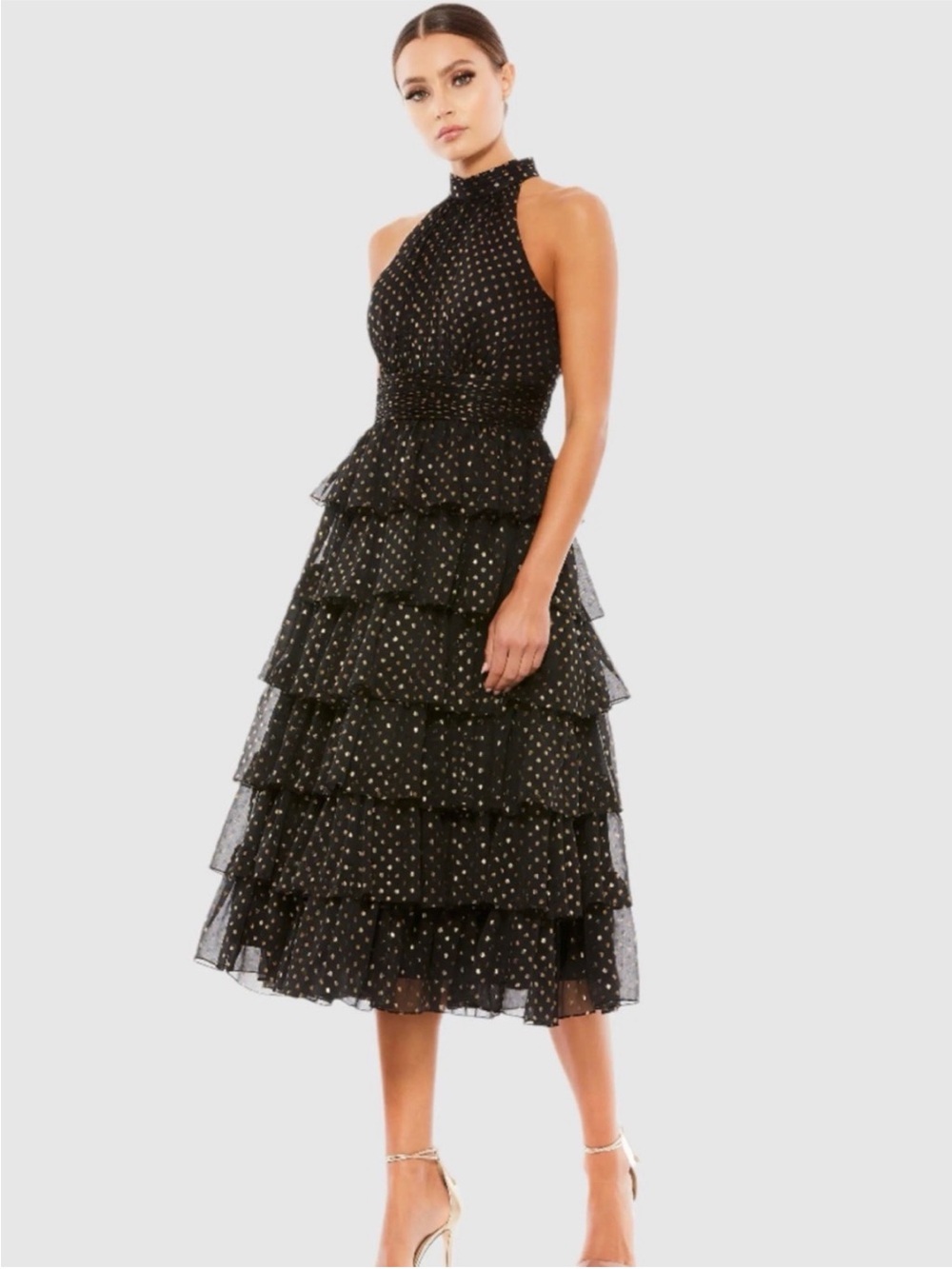 Mac Duggal 🌹Black Tiered Halter Midi Dress with Gold Dot Accents